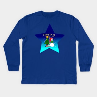 christmas, cute snowman, christmas tree, snowflakes, star Kids Long Sleeve T-Shirt